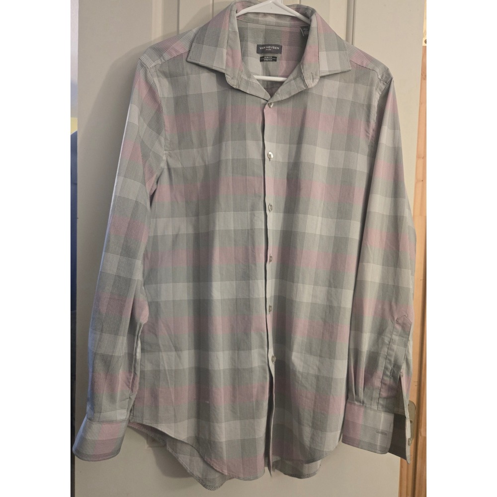 Van Heusen Flex Slim Fit Dress Shirt Medium 15-15.5 32/33 Gray Pink Plaid